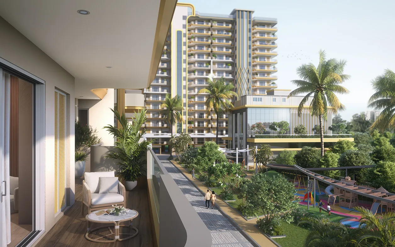 Vista Palencia balcony view with landscaped gardens and clubhouse