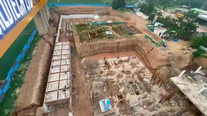 Vista Palencia Zirakpur construction site aerial view, August 2026 — basement excavation and raft foundation work