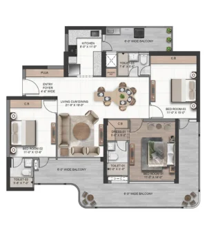 Vista Palencia 3 BHK Type 1 floor plan, 2045 sq.ft, Four Core Non-Corner