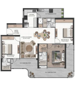 Vista Palencia 3 BHK Type 2 floor plan, 2120 sq.ft, Four Core Corner