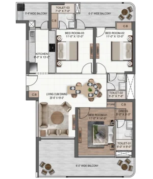 Vista Palencia 3 BHK Type 3 floor plan, 2160 sq.ft, Two Core Tower D Non-Corner