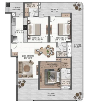 Vista Palencia 3 BHK Type 4 floor plan, 2460 sq.ft, Two Core Tower D Corner