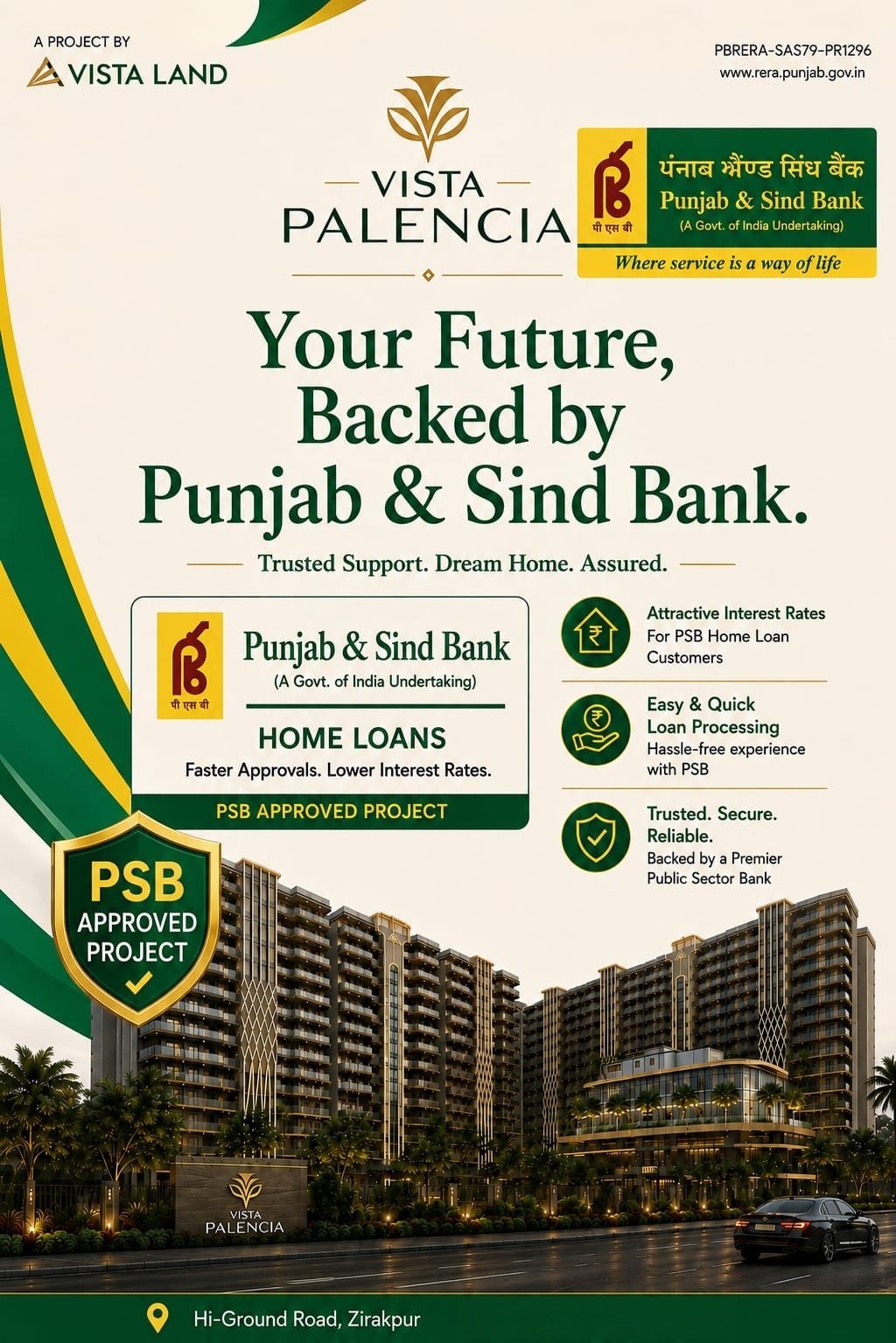 Vista Palencia Zirakpur home loan approved by Punjab & Sind Bank, RERA PBRERA-SAS79-PR1296